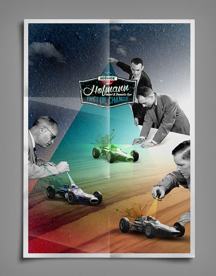 Alternate self-promotional exhibition poster with a racing-car composition.