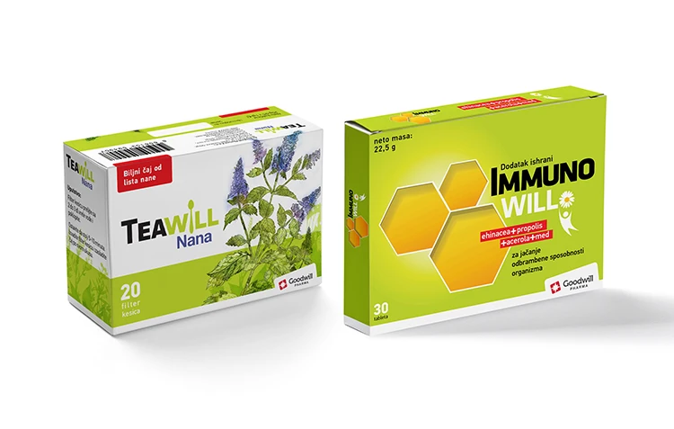 Goodwill Pharma Teawill and Immunowill tea packaging.