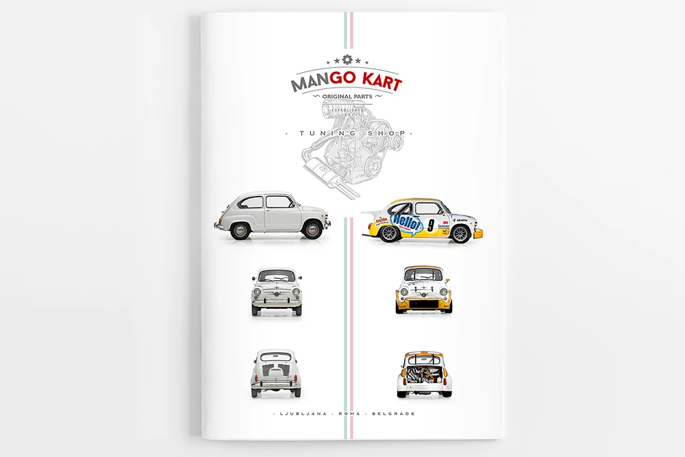 Mango Kart brochure cover showing a Fiat 500 and racing-livery studies.