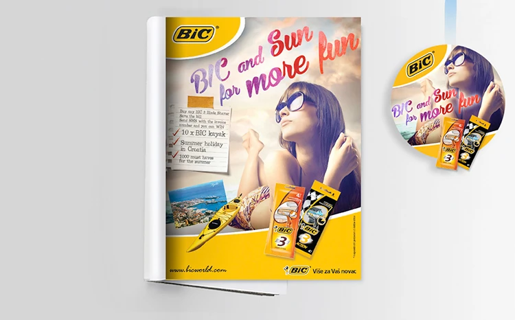 BIC summer promotion shown as a magazine advertisement and circular display.