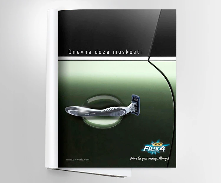 BIC Flex4 shaver print advertisement applied to a car-door handle.