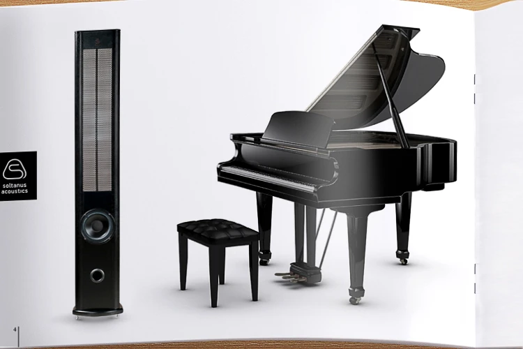 Interior brochure spread for Soltanus Acoustics audio equipment.