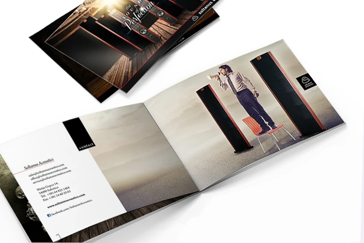 Second interior brochure spread for Soltanus Acoustics audio equipment.