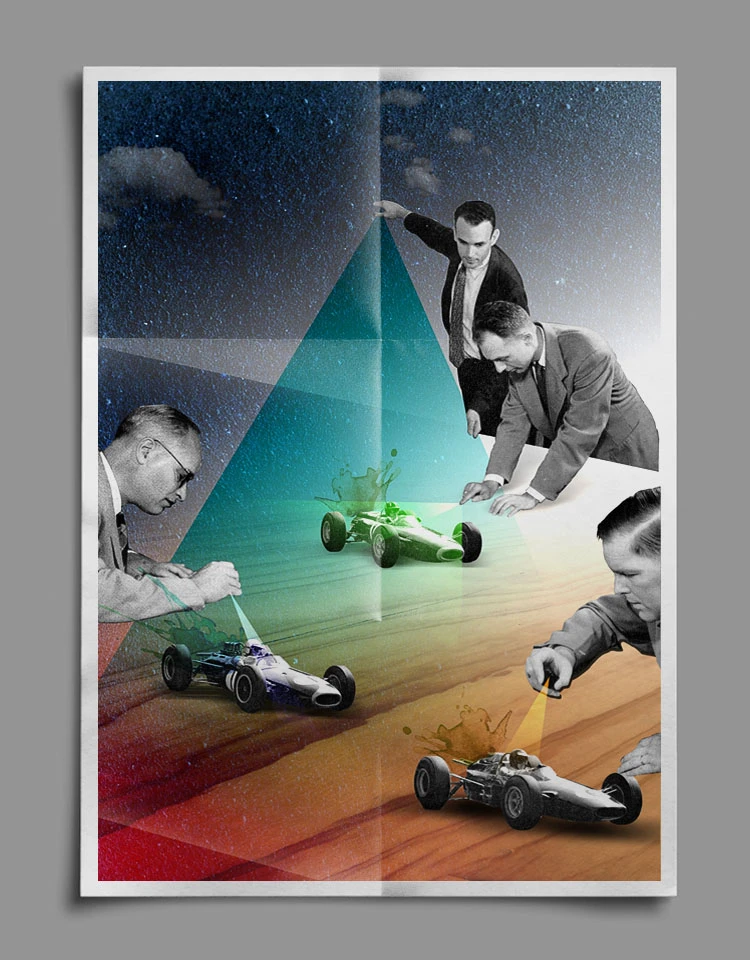 Self-promotional exhibition poster with archival figures and racing cars.