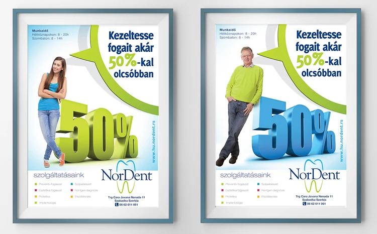 Pair of supplied NorDent posters for the Hungarian market.
