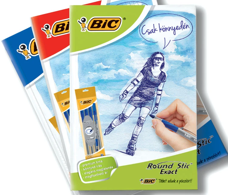 BIC notebook covers promoting Round Stic Exact colored pencils.