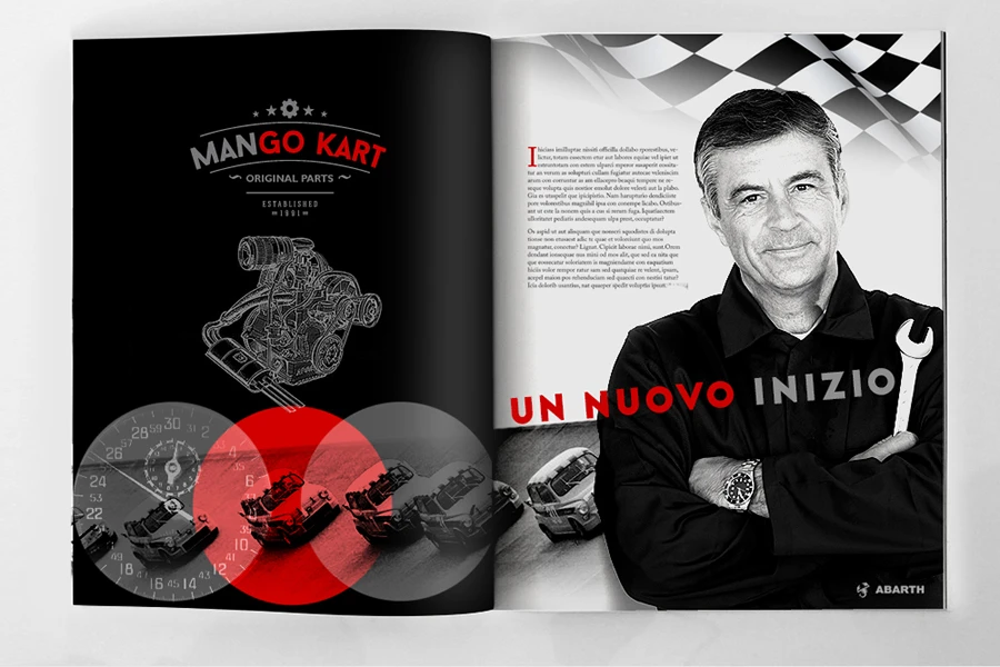 Interior spread from the Mango Kart car-tuning brochure.