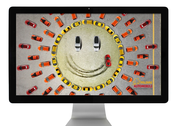 Polovni Automobili website visual made from cars arranged as a smiling face.